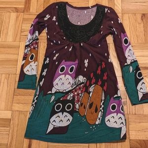 Vintage Owls Maroon/Purple Green dress fits XS/S with lace